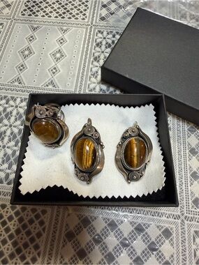 Sterling Tiger's Eye Earring and Ring Set - Brown